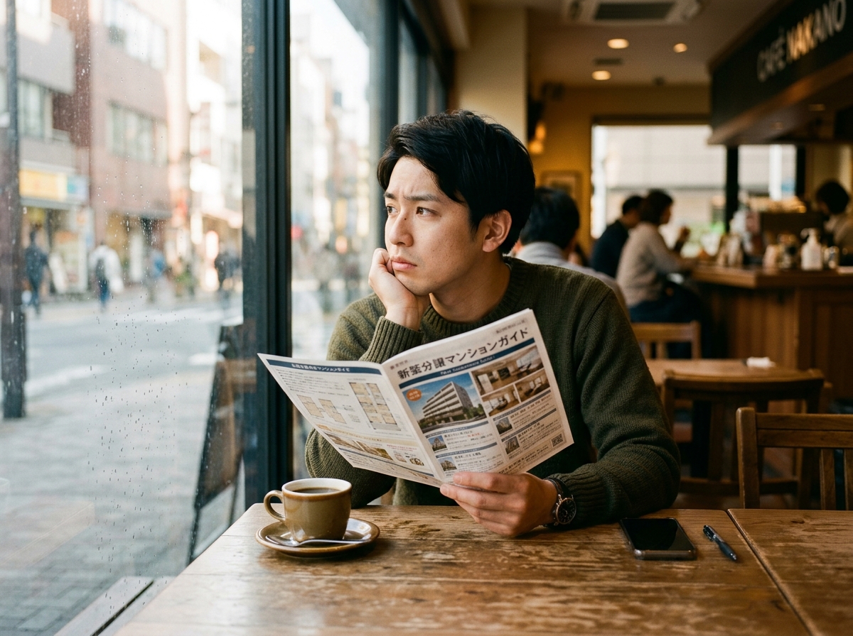 カフェで一人、物件チラシを見ながら考え込む男性