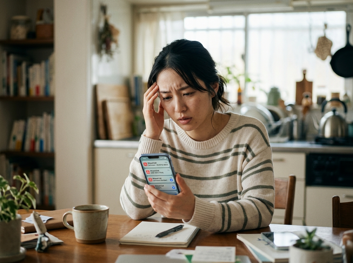 スマートフォンの大量の不在着信に困る女性