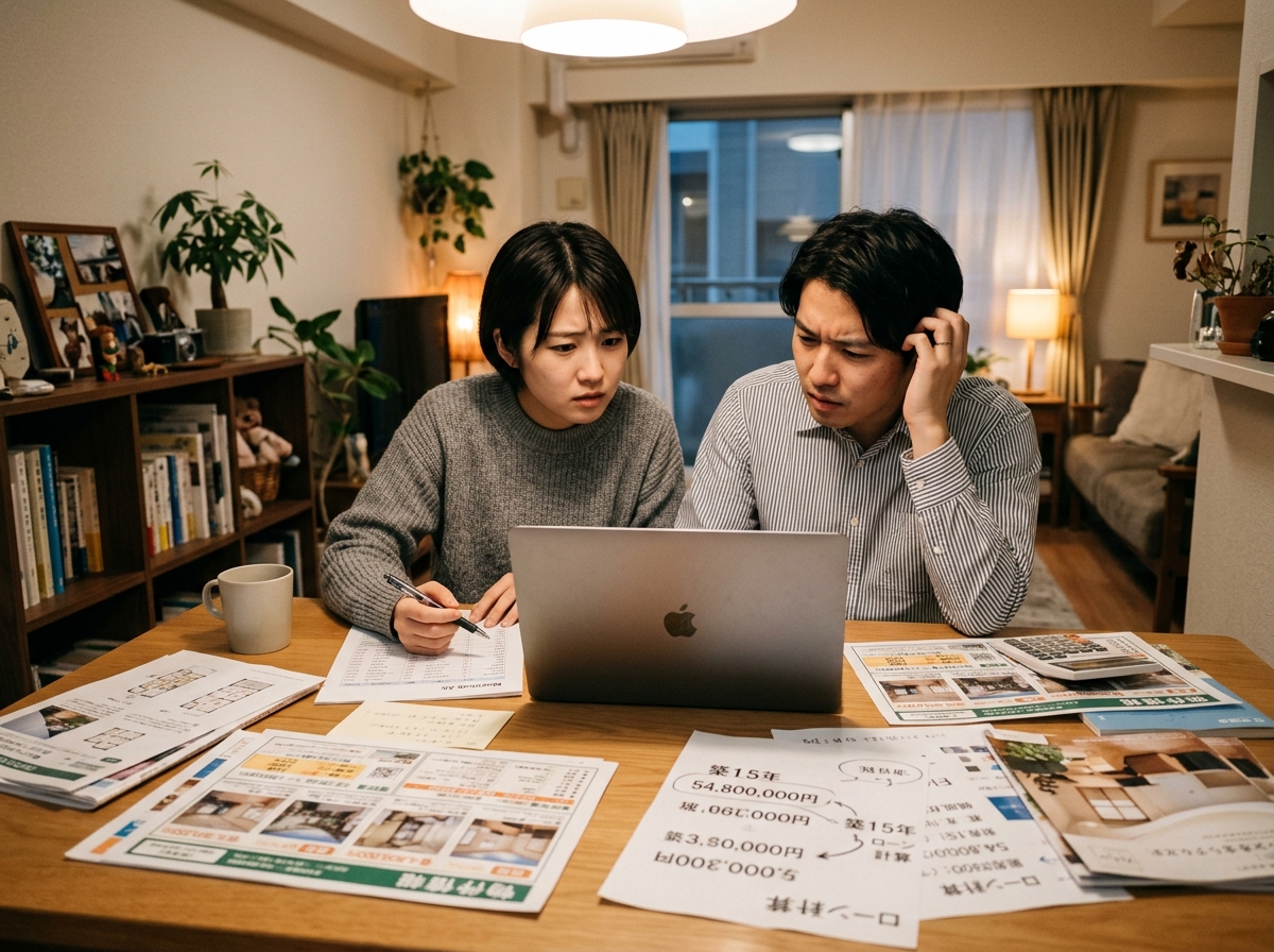 物件資料を広げて価格に悩むカップル